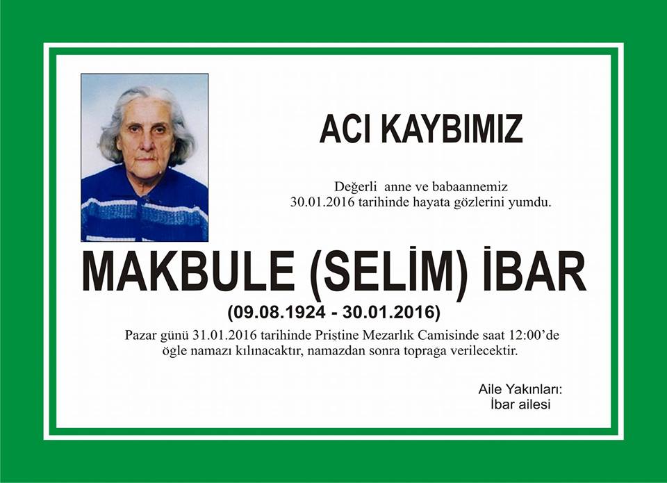 MAKBULE İBAR VEFAT ETTİ