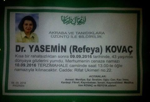 DR. YASEMİN KOVAÇ TOPRAĞA VERİLDİ
