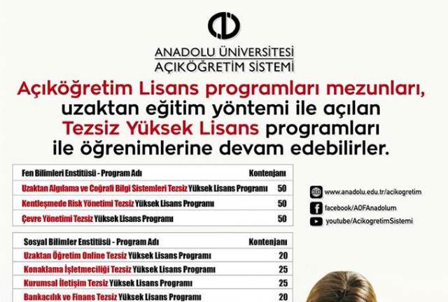 ANADOLU ÜNİVERSİTESİ AÇIKTAN YÜKSEL LİSANS İMKANI SUNUYOR