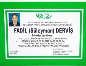 EMEKTAR ÖĞRETMEN FADİL DERVİŞ VEFAT ETTİ